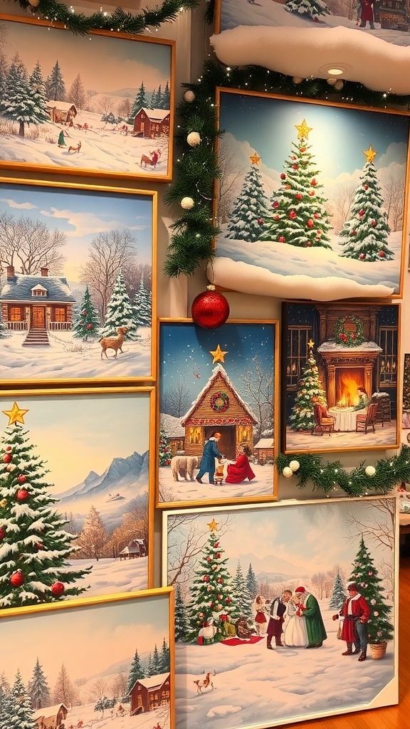 Aesthetic Christmas paintings showcasing winter scenes, Christmas trees, and holiday celebrations in a cozy setting.